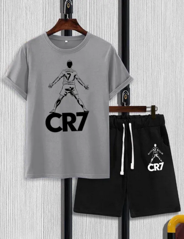 تي شيرت CR 7 مطبوع بأكمام نصفية وشورت
