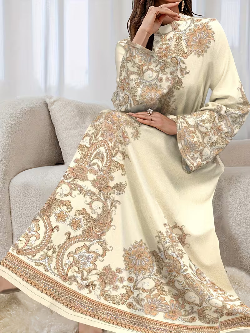 A Long-Sleeved, High-Collared Long Dress