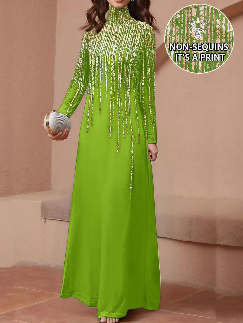 Women'S Elegant Printed Long Dress, Long Sleeves